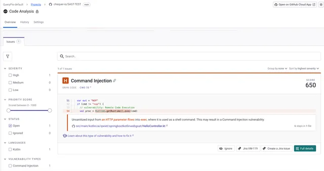 Vulnerability detection results using Snyk's default detection rules