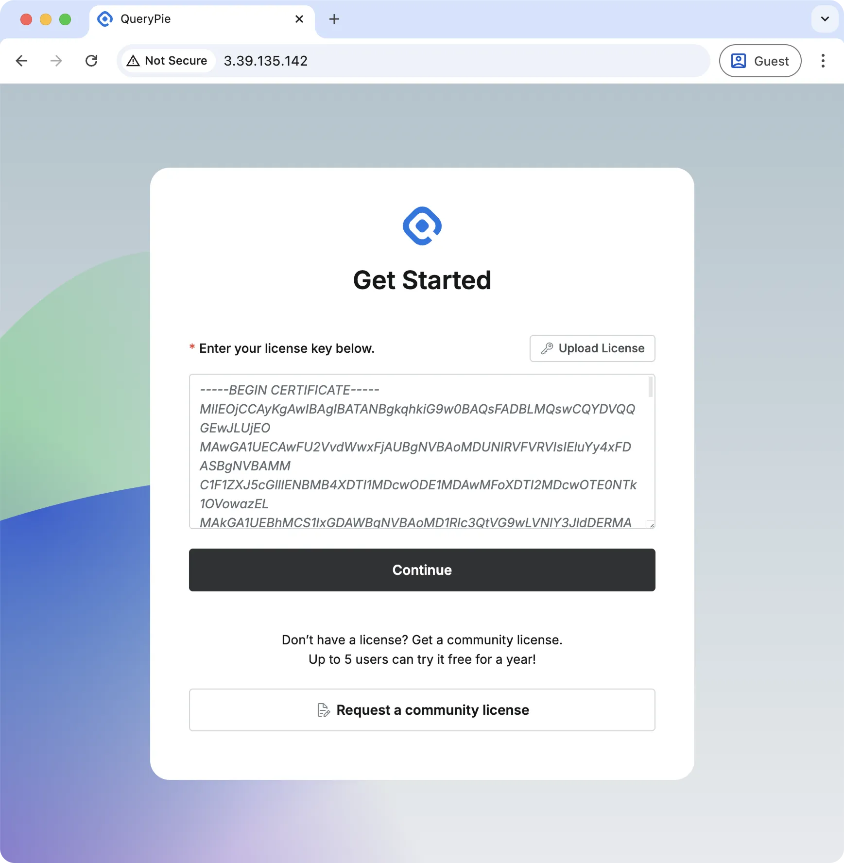 Enter the license in PEM format.